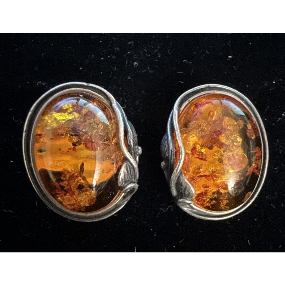 Amber & 925 Sterling Silver Clip On oval shaped Earrings, Vintage
